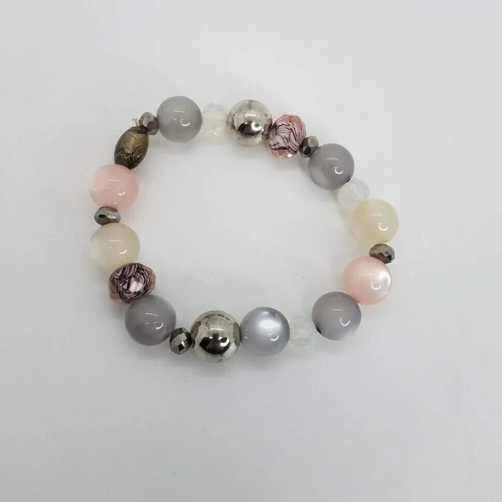 Fashion Beaded Stretch Bracelet Pastel Pink Grey Cream Silver‎ Tone Glass Beads